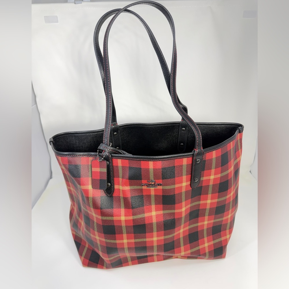 Coach Red and Black Plaid Tote